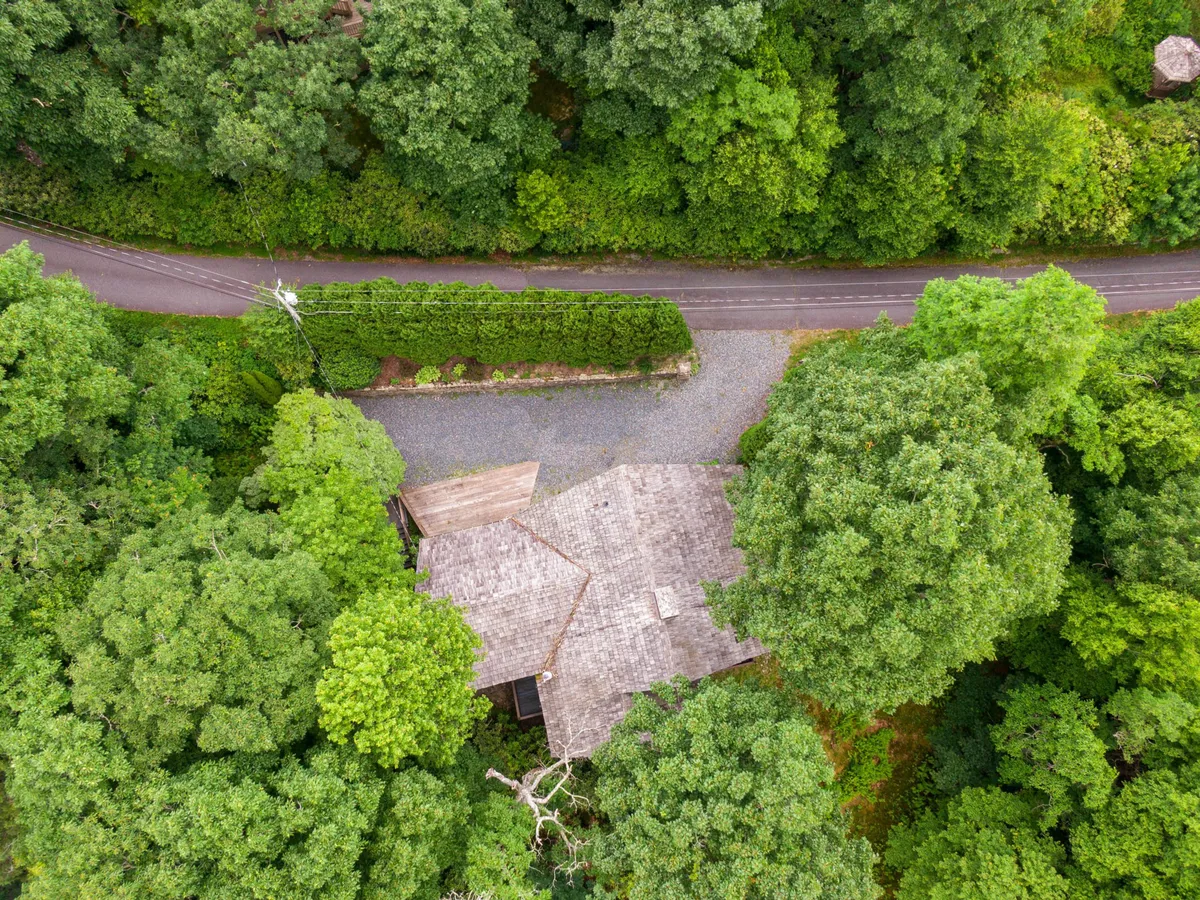 This exterior image showcases the house nestled among lush trees with a view of the flat gravel driveway leading up to it. The surrounding greenery emphasizes the sense of space and the welcoming drive for guests arriving with pets or adventure gear.